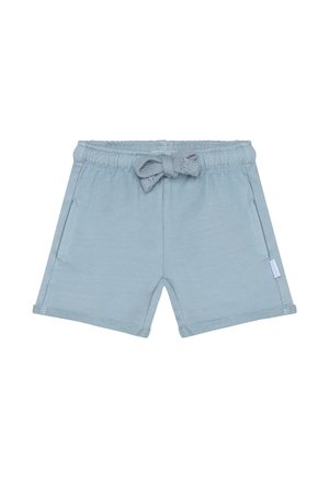 Shorts bleu clair en tissu doux, dotés d'une taille élastique avec un nœud tricoté, de poches latérales et d'un design épuré et simple.