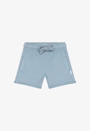 Pantaloncini azzurri realizzati in tessuto morbido, con vita elastica decorata da un fiocco lavorato a maglia, tasche laterali e un design pulito e semplice.