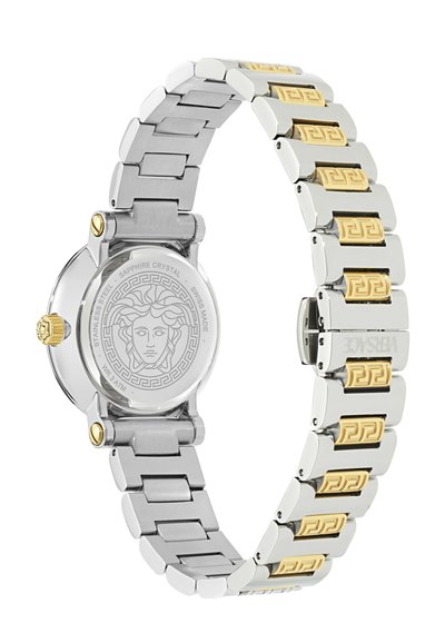 Ezüst és arany fém karóra szíj, hátsó oldalán gravírozott Medúza fejjel, svájci gyártású, rozsdamentes acél, zafír üveg.