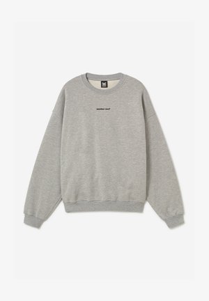 Felpa grigia chiaro a maniche lunghe con polsini e orlo a costine, con un piccolo testo nero "another one?" centrato sul petto.