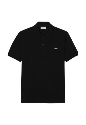 Polo shirt noir en coton ; comporte une patte de boutonnage à deux boutons, des manches courtes et un logo de crocodile brodé en vert sur la poitrine.