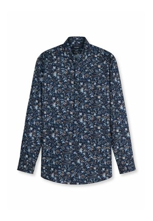 Dunkelblaues Hemd mit langen Ärmeln und detailliertem Blumenmuster in Hellblau- und Brauntönen, mit klassischem Kragen geknöpft.