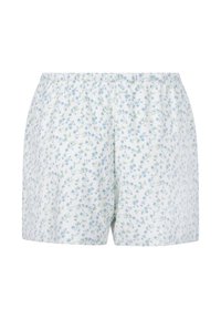 White elastic-waist shorts with a small blue and green floral pattern, displayed against a plain white background.