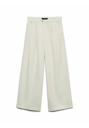 Pantalon large beige clair avec plis, doté d'une fermeture par bouton et d'une taille classique. Confectionné dans un tissu doux à la texture lisse.