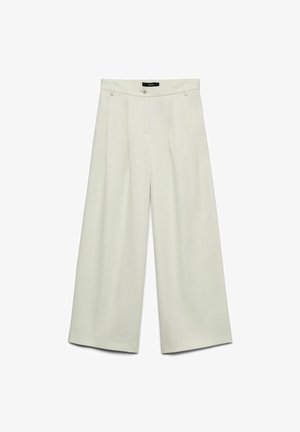 Pantalones beige claro de pierna ancha con pliegues, con cierre de botón y cinturilla clásica. Fabricados con tela suave de textura lisa.