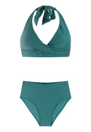 Türkisfarbener zweiteiliger Bikini mit strukturiertem Neckholder-Top, das Bindebänder und ein Wickeldesign aufweist, kombiniert mit einem hoch taillierten Slip.