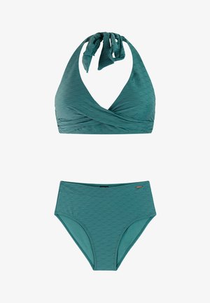 Türkisfarbener zweiteiliger Bikini mit strukturiertem Neckholder-Top, das Bindebänder und ein Wickeldesign aufweist, kombiniert mit einem hoch taillierten Slip.