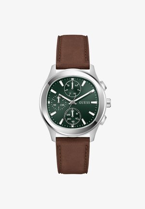 Męski zegarek Guess z zieloną tarczą, srebrną kopertą, brązowym skórzanym paskiem, trzema subtarcza pokazującymi dzień tygodnia, czas 24-godzinny oraz sekundy.