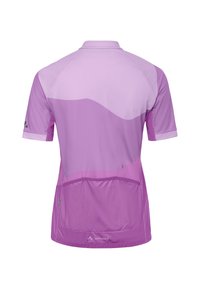 Maillot de cyclisme à manches courtes aux nuances de violet avec des poches arrière et un petit logo près de l'ourlet inférieur.