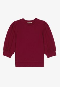 Burgundy pullover top with puffed sleeves, ribbed neckline and cuffs, made from soft cotton material, featuring a smooth texture.