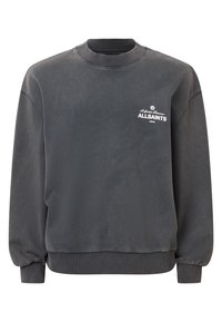 Czarnoszary sweter z okrągłym dekoltem, prążkowanymi mankietami i małym białym logo "ALLSAINTS" na piersi. Gładka struktura materiału.
