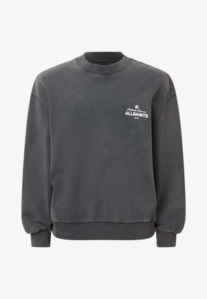 Mörkgrå sweatshirt med rund halsringning, ribbad mudd och en liten vit "ALLSAINTS" logotyp på bröstet. Slät tygstruktur.