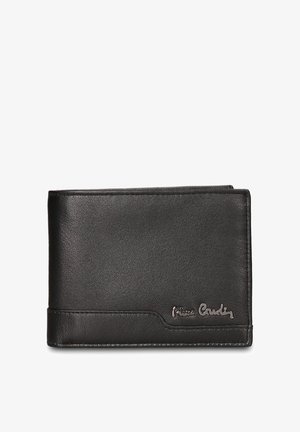 Portafoglio in pelle nera con texture liscia, design a doppia piega, accento curvo e dettaglio del logo in rilievo sulla parte anteriore.