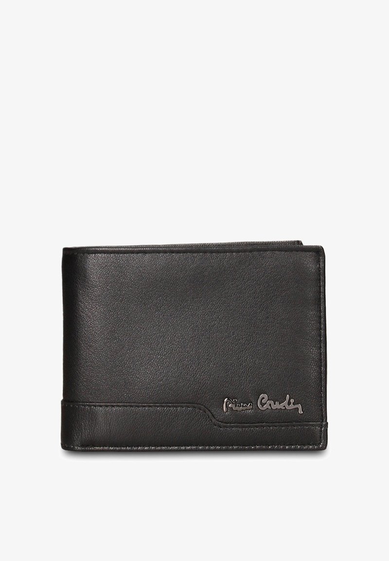 Portafoglio in pelle nera con texture liscia, design a doppia piega, accento curvo e dettaglio del logo in rilievo sulla parte anteriore.