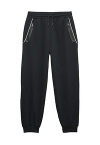 Schwarze Jogginghose aus weichem Stoff, mit einer Kordelzug-Daumen und zwei seitlichen Reißverschlusstaschen mit eleganten schwarzen Akzenten.