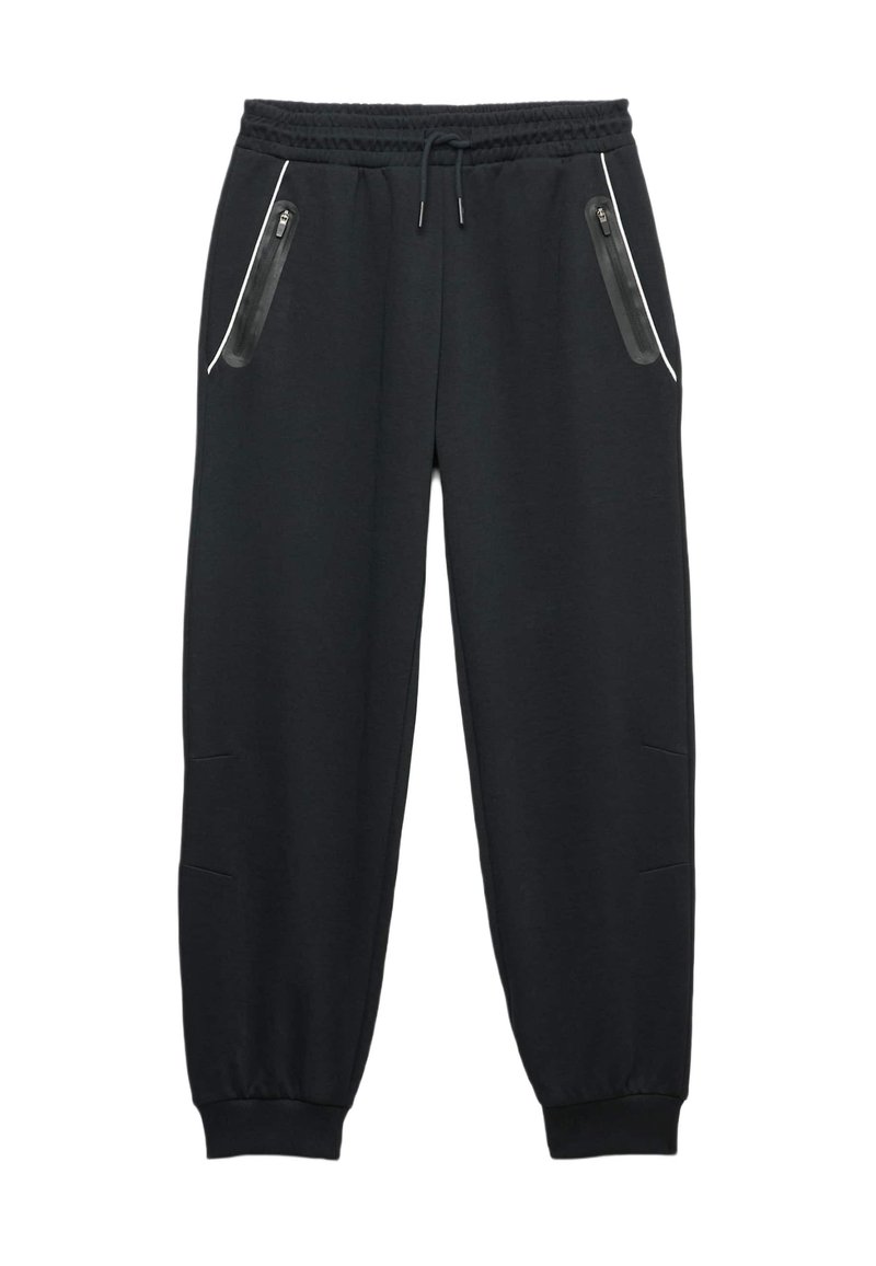 Schwarze Jogginghose aus weichem Stoff, mit einer Kordelzug-Daumen und zwei seitlichen Reißverschlusstaschen mit eleganten schwarzen Akzenten.