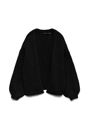 Czarny sweter z dzianiny o teksturowym wykończeniu, z otwartym przodem i oversize'owymi rękawami. Posiada prążkowane mankiety i dół.