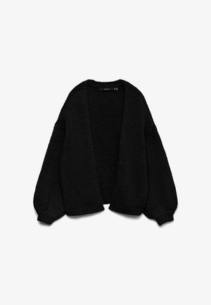 Svart strikket cardigan med teksturert overflate, åpen frontdesign og oversize ermer. Har ribbestrikkede mansjetter og kant.