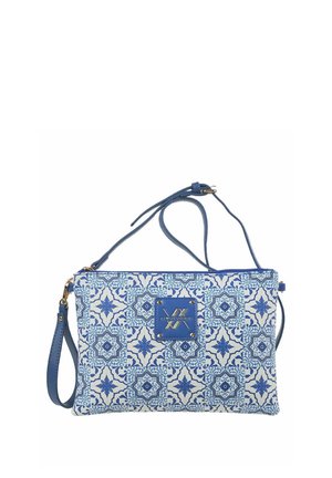 Borsa a tracolla blu e bianca a motivo con tracolla regolabile e patch con logo frontale con finiture in oro.