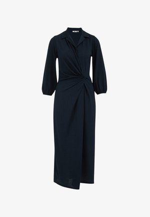 Donker marineblauwe jurk met een kraaghalslijn, lange pofmouwen, gedraaide voorkant en een losse, enkel-lengte silhouet. Geweven stof.