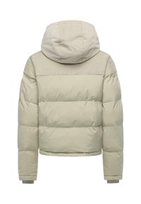 Dunjakke i lys beige med hette i teksturert materiale. Har horisontale sømmer, ribbestrikkede mansjetter og en kortere passform.