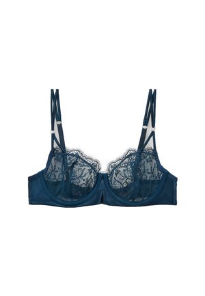 Navy blue lace bra with mesh cups, scalloped edges, and adjustable straps. Features solid underband and intricate floral lace detailing.