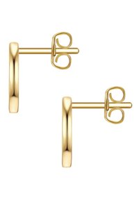 Zeltainas auskari ar gludu, spīdīgu virsmu. Apaļa forma, ar drošu tauriņa aizdari.