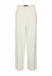 Pantaloni a gamba larga di colore crema con righe verticali. Il tessuto sembra leggero e ha una texture liscia. Presenta una vita aderente.