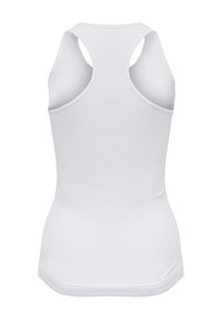 White sleeveless racerback tank top with fitted silhouette and slightly curved hem, shown from the back on a plain background.