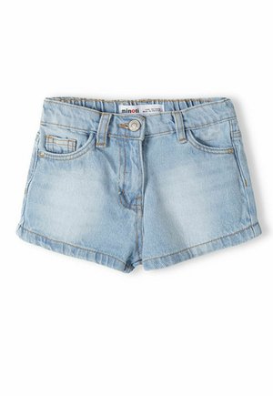 Shorts en denim bleu clair au design classique, avec un bouton à l'avant, des coutures surpiquées et deux poches latérales.