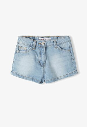 Shorts en denim bleu clair au design classique, avec un bouton à l'avant, des coutures surpiquées et deux poches latérales.
