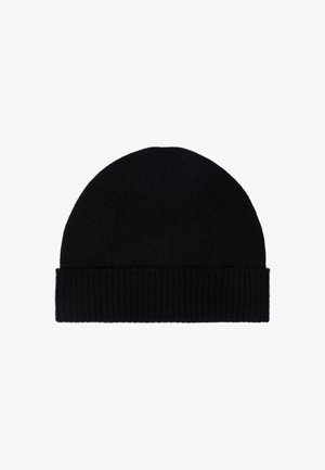 Black knit beanie featuring a ribbed cuff and smooth texture, with a rounded top and subtle seam detailing.