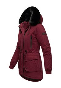 Burgundy waterproof parka jacket with a fur-lined hood, adjustable drawstring waist, two large front pockets, and zippered chest pocket.
