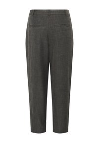Gray textured trousers with a tapered fit, two back pockets, and a smooth waistband. Material appears lightweight and breathable.