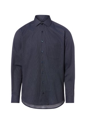 Marineblaue langärmlige Hemdbluse mit dezentem gepunktetem Muster und einer Brusttasche auf der linken Seite.