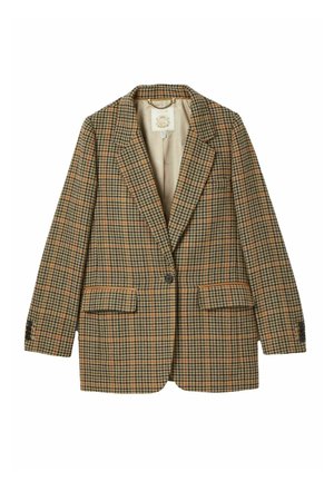 Brown and beige houndstooth patterned blazer with a single button closure, two front pockets, and a notched collar. Textured fabric.