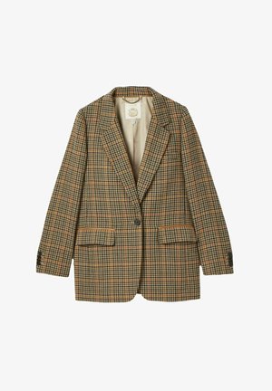 Brauner und beiger Hahnentritt-Muster-Blazer mit einer einzelnen Knopfleiste, zwei Vorderaschen und einem Reverskragen. Strukturierter Stoff.