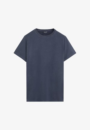 Granatowy bawełniany T-shirt z krótkim rękawem, okrągłym dekoltem i małym haftowanym logo na lewej piersi.