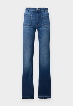 Blå denim vidflate bukser med fem lommer, knappelukking og synlige sømmer, med en lett falmet finish.