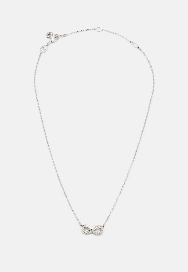 Collier en argent délicat avec une chaîne fine et un pendentif petit symbole infini orné de minuscules pierres transparentes.
