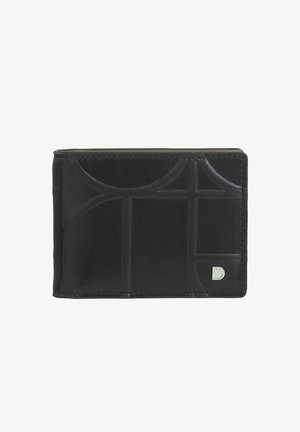 Portafoglio in pelle nera con un design geometrico testurizzato, caratterizzato da un'accenno di logo in argento. Forma rettangolare compatta con bordi cuciti.
