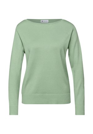 Hellgrüner Pullover mit langen Ärmeln, weitem Ausschnitt sowie gerippten Bündchen und Saum. Hergestellt aus Strickstoff mit glatter Textur.