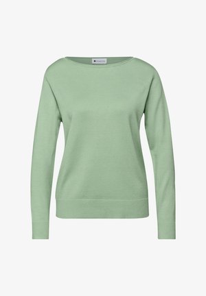 Jasnozielony sweter z długimi rękawami, szerokim dekoltem oraz ściągaczami na mankietach i dole. Wykonany z dzianiny o gładkiej fakturze.