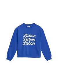 Sudadera de manga larga azul con "Lisboa" escrito tres veces en letras cursivas blancas en el frente.
