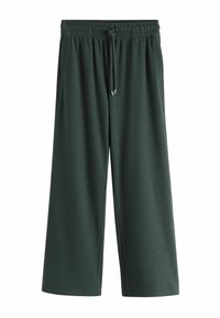 Pantalon vert foncé à jambes larges avec taille élastique et cordon réglable, avec poches latérales et tissu côtelé léger.