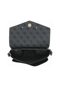 Sac à main noir à motifs avec un extérieur lisse, fermeture à bouton-pression et poche intérieure. L'intérieur est doté d'un revêtement doux.