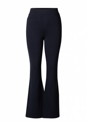 Marineblaue, ausgestellte Hose aus elastischem Stoff. Verfügt über einen hohen Bund und zwei Seitentaschen. Glatte Textur und maßgeschneiderter Schnitt.