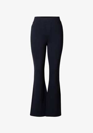 Marineblauwe flare broek gemaakt van rekbare stof. Voorzien van een hoge tailleband en twee zijzakken. Gladde textuur en een op maat gemaakte vorm.