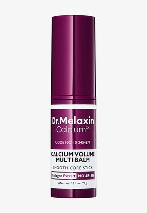 Bálsamo múltiple en barra cilíndrica morada etiquetada Dr. Melaxin Calcium CX con extracto de colágeno para nutrir, 0,31 oz./9 g.