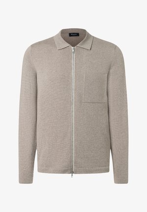 Jersey beige de manga larga con cremallera, cuello y bolsillo en el pecho, hecho de tela de punto suave.